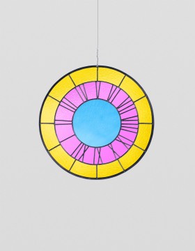 Yellow pink blue clock, 2015, stained-glass window, wire, 60 cm