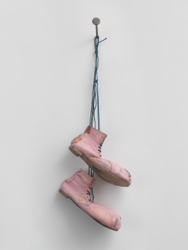 Mute, 2006, artificially aged clown shoes of leather, wooden nail, paint, 100 x 60 x 25 cm