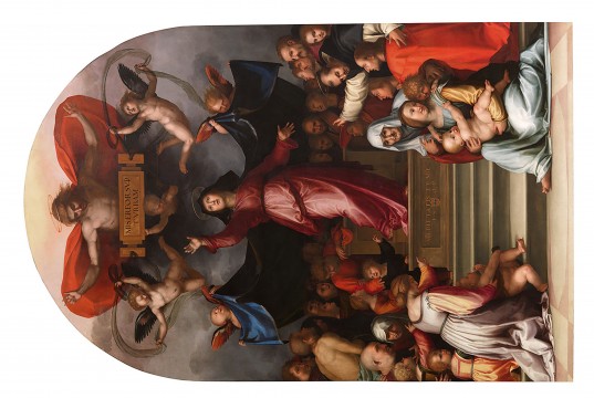 Fra Bartolommeo, ‘Madonna della Misericordia’, altaarstuk, circa 1515. Schilderij in olieverf op paneel, later overgezet op doek, 407 x 262 cm. Lucca, Museo Nazionale di Villa Guinigi (oorspronkelijk in de San Romano kerk in Lucca).