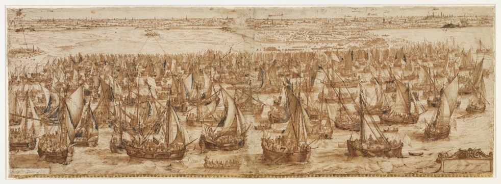Hendrik Cornelisz Vroom, The Landing of the Army Fleet of Prince Maurits at Philippine. Pen and brown ink, brown wash, heightened with white, indented. Museum Boijmans Van Beuningen.