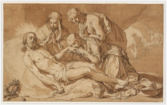 Abraham Bloemaert, The lamentation, 1625, Black chalk, pen in brown ink, brown wash, squared. Museum Boijmans Van Beuningen.