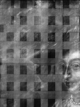 Achtergrond links, detail rontgen, Atelier Boersma, Rotterdam (2006). Peter Paul Rubens, Portret van een vrouw (1635-1640)