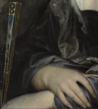 Handen en waaier, detail schilderij, foto: Studio Tromp. Peter Paul Rubens, Portret van een vrouw (1635-1640)