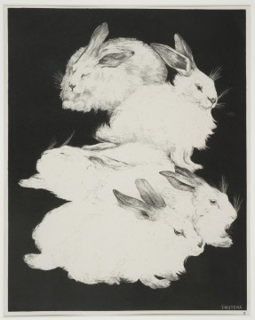 Theo van Hoytema, Vijf angorakonijnen, 1898 Zwartekunst-litho en blinddruk op chinecollé, 41,5 x 32,8 cm Nr. 2 uit de Portefeuille Dierstudies Verzameling J.