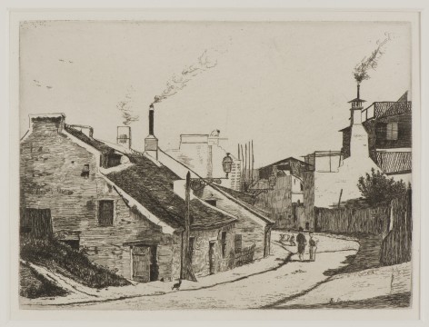 François Bonvin, La rue du Champ-del’Alouette, 1861 ets, 13,7 x 18,1 cm Uitgave Cadart. Pl. 5 uit de serie Première suite de dix eau-fortes, 1861- 1871. Verzameling W., door J. voor hem gekocht in Parijs, 1966.