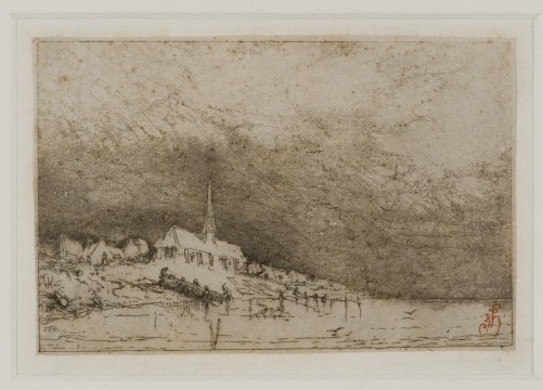 Louis-Adolphe Hervier, Dorp met kerk aan zee, 1843 ets op chine-collé, 8,1 x 12,6 cm Unieke proefdruk. Pl. 4 uit de serie van 8 etsen Croquis du voyage de 1843. Verzameling J., veiling Mak van Waay (uit de nalatenschap van de Utrechtse veilingmeester F.W.G. Théonville), Amsterdam 1970.