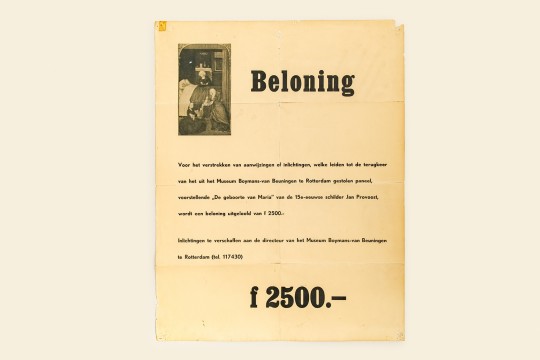 Opsporingsbevel met uitgeloofde beloning van vlak na de diefstal. Foto: Aad Hoogendoorn.