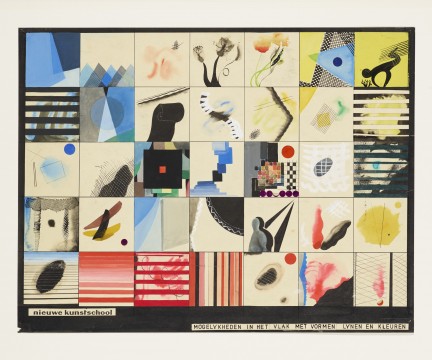 Paneel met werk van leerlingen van de Nieuwe Kunstschool, 'mogelijkheden in het vlak met vormen, lynen en kleuren', ca. 1935, gouache op papier, 650 x 940 mm, Gemeentemuseum Den Haag.