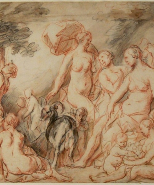 Jacob Jordaens (I), Allegorie op de overvloed, circa 1640-1645, zwart en rood krijt, penseel in bruine inkt, op papier, bruikleen: Stichting Museum Boijmans Van Beuningen 1940 (collectie Koenigs)