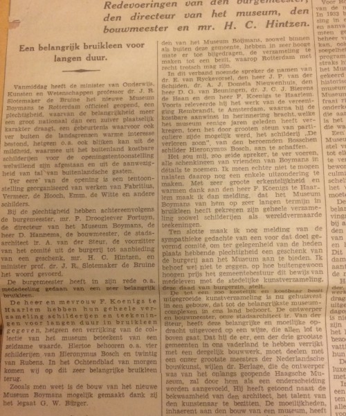 De opening van het Museum Boymans, Nieuwe Rotterdamsche Courant, juli 1935