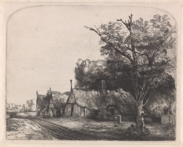 Landschap met drie boerenhuizen aan een weg
