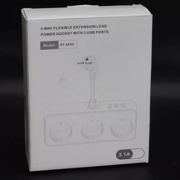 3-Way Flexible Extension Lead Power Socket With 3 USB Ports