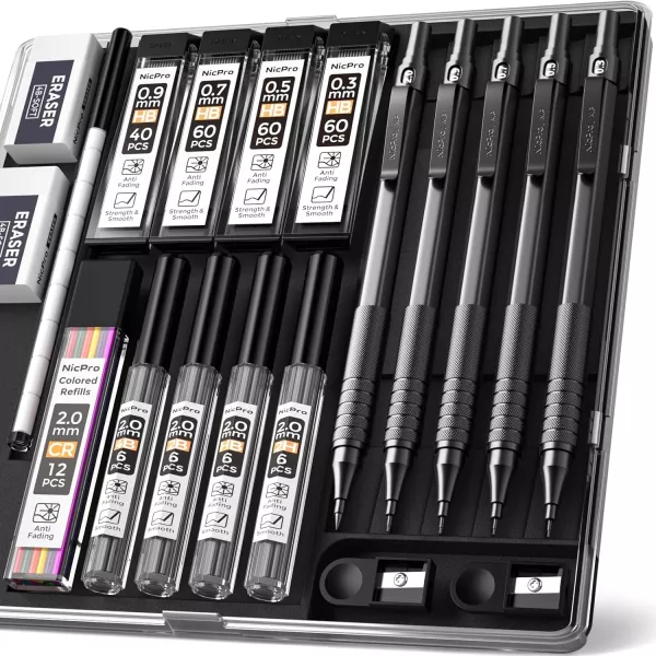 NicPro Mechanical Pencil Kit – Professional Drawing & Drafting Set with 0.3, 0.5, 0.7, 0.9 & 2.0mm Leads, Refills, Erasers & Sharpeners