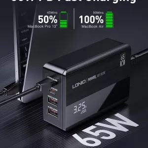 LDNIO 4-Port Charging Station With LED Display 65W USB C Charger Plug