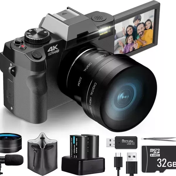 4K Vlogging Digital Camera with 180° Flip Screen, WiFi, Macro & Wide Angle Lens, App Control, External Microphones, 16X Zoom, 32GB TF Card - Camera for Photography, Vlogging, YouTube