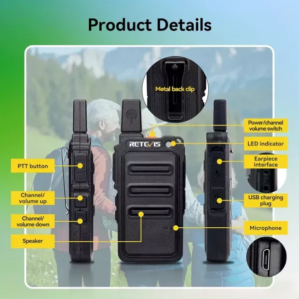 Retevis RT619 Walkie Talkie Rechargeable Adults, 1300mAh PMR446 Walkie Talkies Mini, 16 CH CTCSS/DCS Hiking VOX Hands Free 2 Way Radio Portable, Camping (2Pcs, Black)