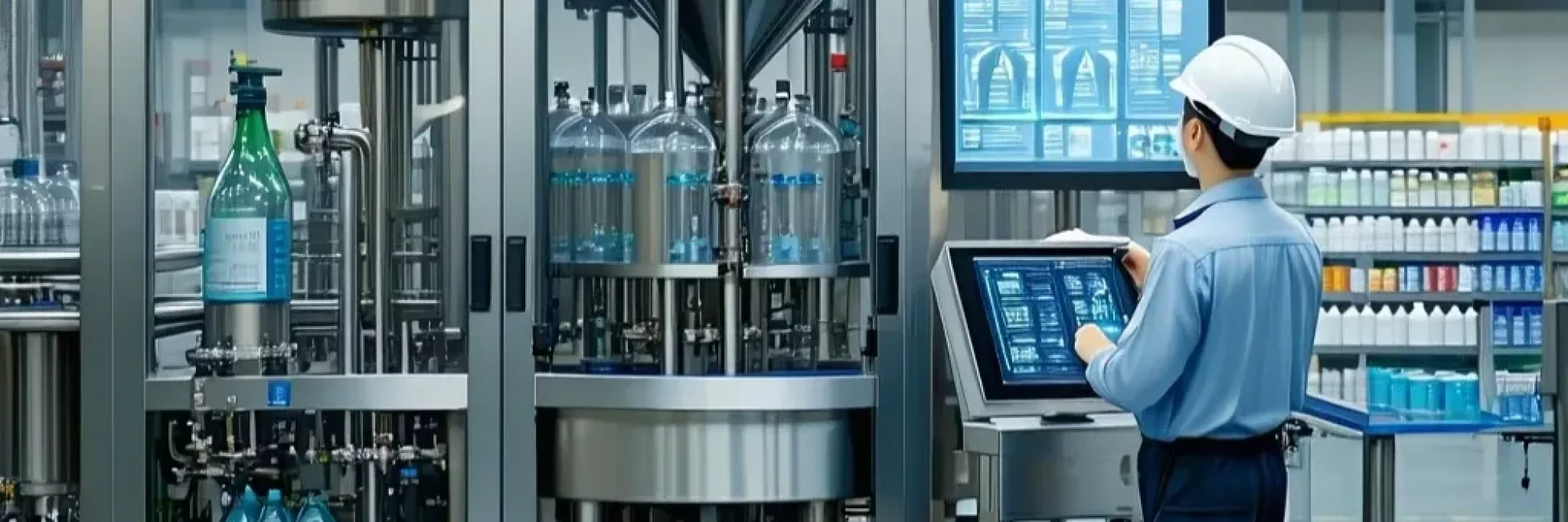 The image features a modern industrial setting showcasing a hightech liquid filling system in operation Stainless steel machinery gleams under bright overhead lights with intricate tubes and valves seamlessly integra