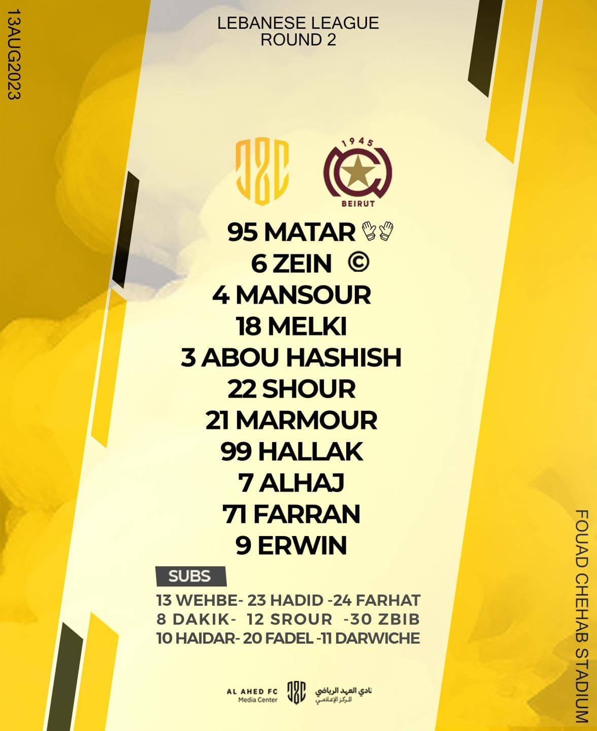 Football Lebanon - تشكيلة فريق العهد في مواجهة النجمة ضمن منافسات المرحلة الثانية من بطولة الدوري