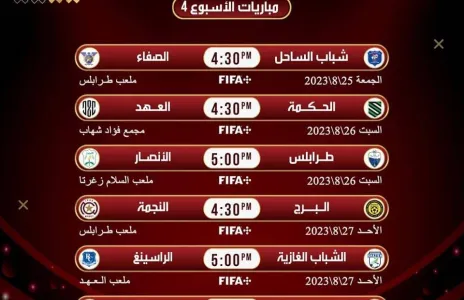 Football Lebanon - مواعيد مباريات الأسبوع الرابع من الدوري اللبناني للدرجة الأولى