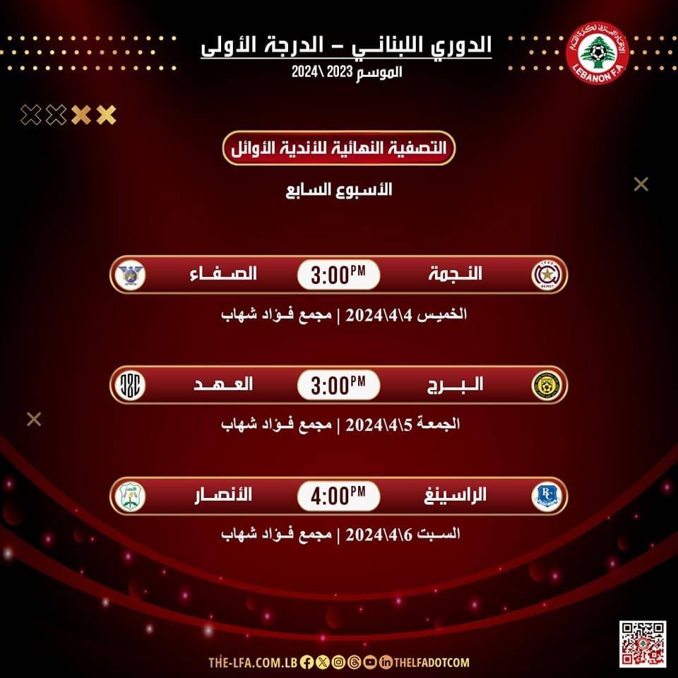 Football Lebanon - مواعيد مباريات الأسبوع السابع من سداسية الأوائل لدوري الدرجة الأولى