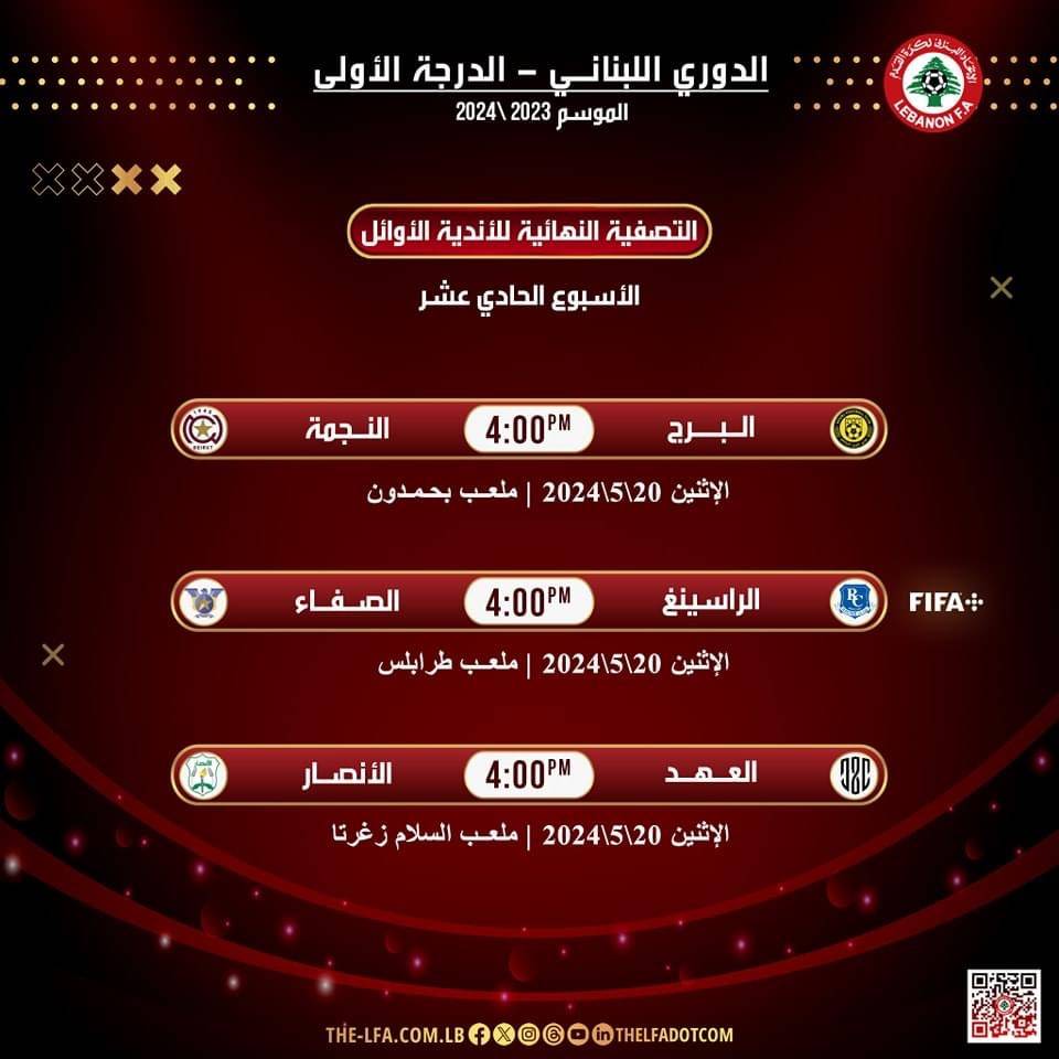 Football Lebanon - مواعيد مباريات الأسبوع الحادي عشر من سداسية الأوائل للدوري اللبناني