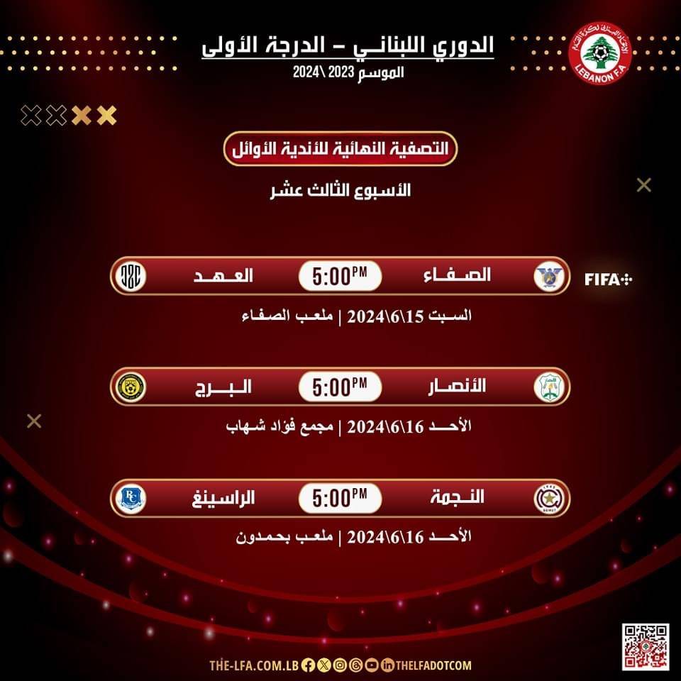 Football Lebanon - مباريات الجولة الثالثة عشرة من سداسية الأوائل