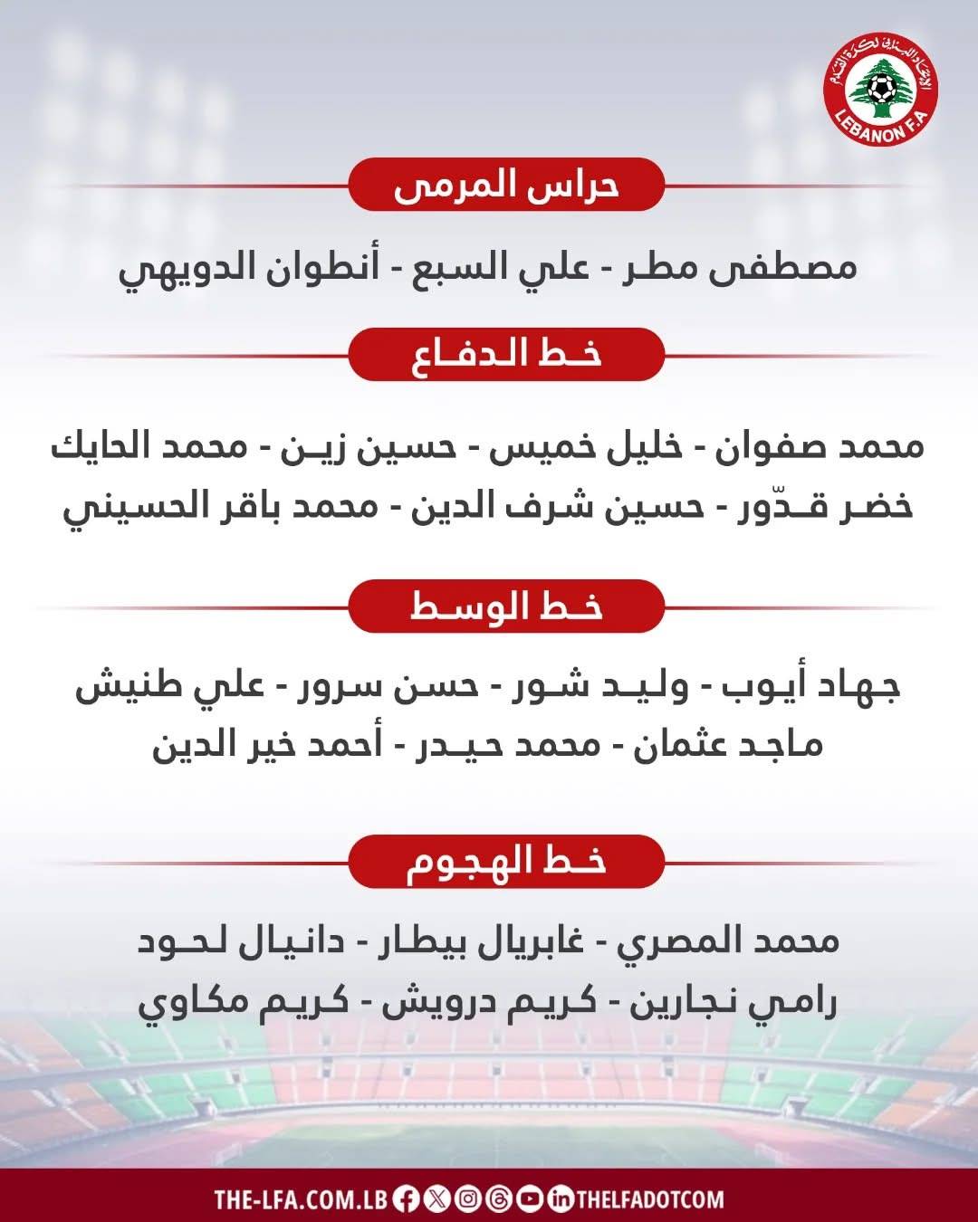 Football Lebanon - القائمة الرسمية لمنتخبنا الوطني الأول استعدادًا لودية أمام إندونيسيا