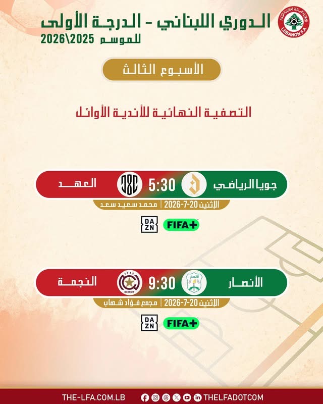 Football Lebanon - مواعيد مباريات الأسبوع الثالث من التصفية النهائية لأوائل الدوري اللبناني
