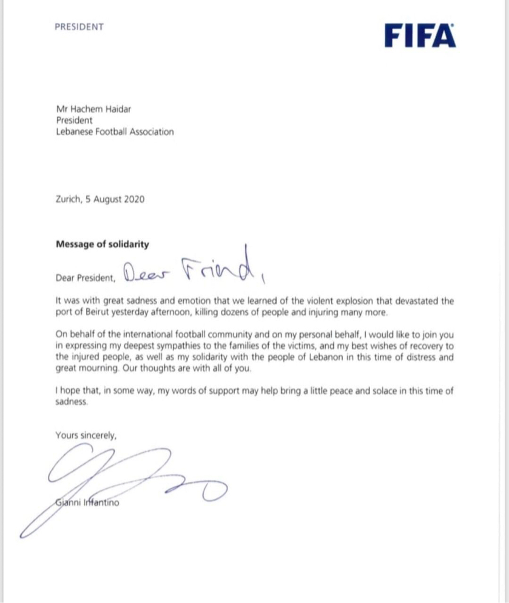 Football Lebanon - رسالة تضامن من رئيس الإتحاد الدولي لكرة القدم جياني انفانتينو