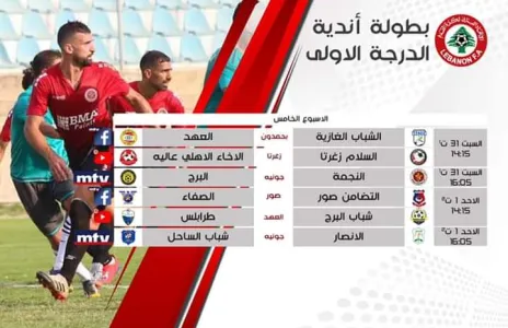 Football Lebanon - جدول نقل مباريات الأسبوع الخامس لبطولة لبنان لأندية الدرجة الأولى