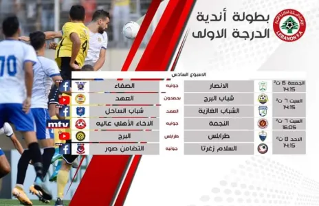Football Lebanon - جدول البث المباشر لمباريات الأسبوع السادس من بطولة لبنان لأندية الدرجة الاولى
