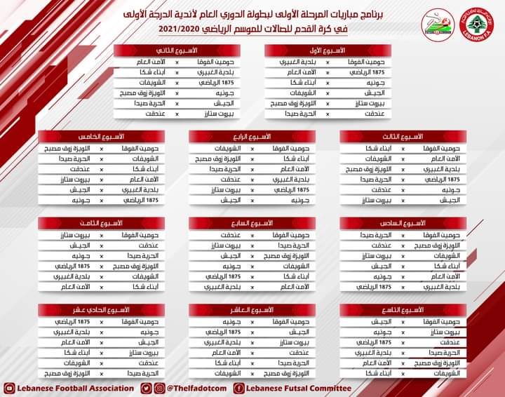 Football Lebanon - مباريات المرحلة الأولى لبطولة دوري الدرجة الأولى لكرة الصالات للموسم 2020-2021