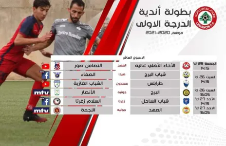 Football Lebanon - برنامج النقل المباشر لمباريات الاسبوع العاشر من بطولة لبنان لاندية الدرجة الاولى 