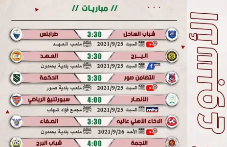 Football Lebanon - جدول مباريات الأسبوع الثالث من بطولة دوري الدرجة الأولى