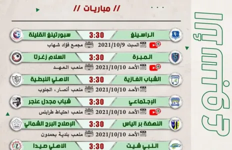 Football Lebanon - جدول مباريات الأسبوع الثامن من بطولة دوري الدرجة