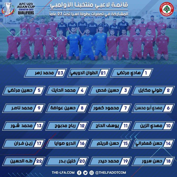 Football Lebanon - قائمة لاعبي منتخبنا الأولمبي المشاركة في تصفيات بطولة آسيا تحت 23 عاماً