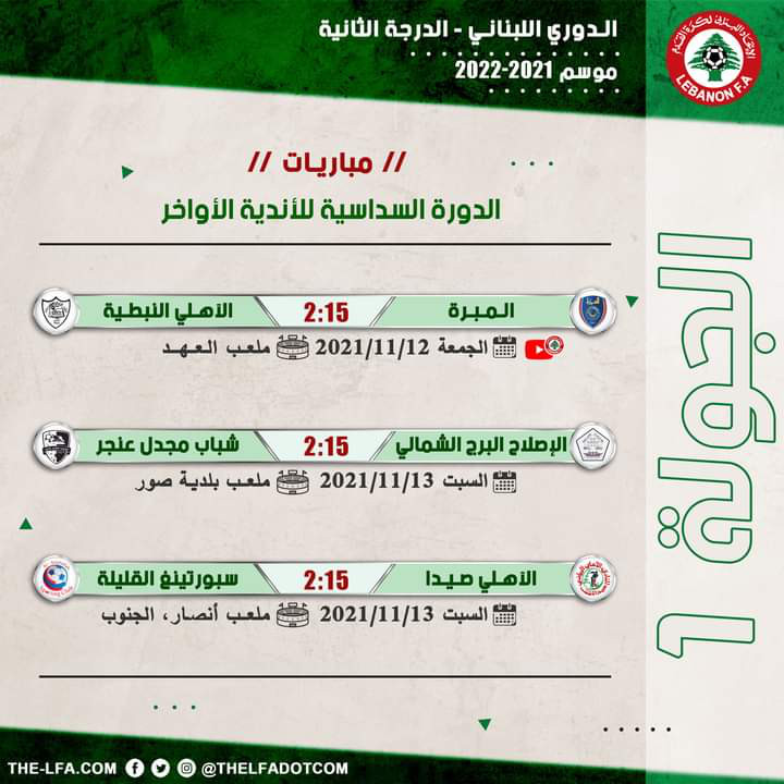 Football Lebanon - جدول مباريات الجولة الأولى من الدورة السداسية للأندية الأواخر لبطولة دوري الدرجة الثانية 