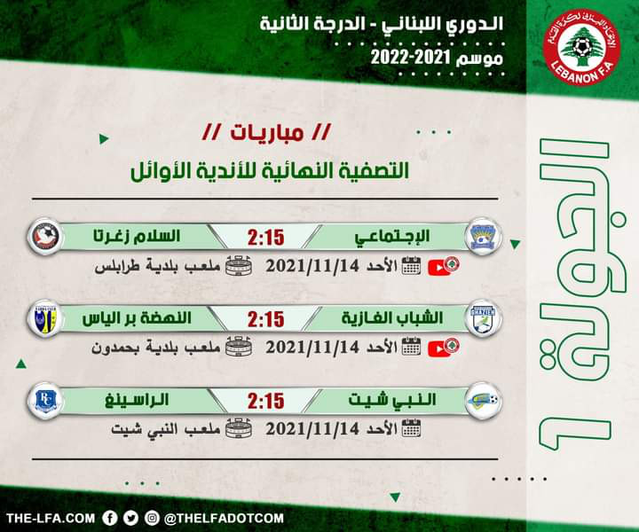 Football Lebanon - جدول مباريات الجولة الأولى من التصفية النهائية للأندية الأوائل لبطولة دوري الدرجة الثانية