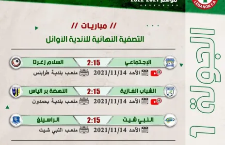 Football Lebanon - جدول مباريات الجولة الأولى من التصفية النهائية للأندية الأوائل لبطولة دوري الدرجة الثانية