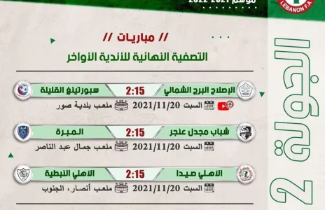 Football Lebanon - جدول مباريات الأسبوع الثاني من التصفية النهائية للأندية الأواخر لبطولة دوري الدرجة الثانية لموسم 2021-2022