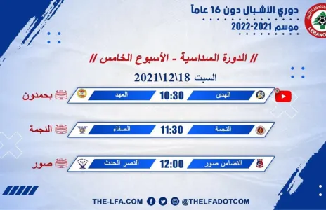 Football Lebanon - مباريات الأسبوع الخامس من الدورة السداسية لدوري الأشبال دون 16 عاماً لموسم 2021-2022