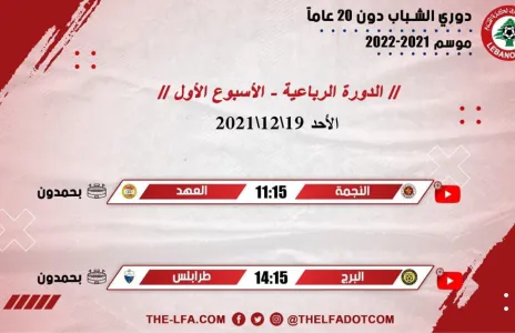 Football Lebanon - جدول مباريات الأسبوع الأول من الدورة الرباعية لدوري الشباب دون 20 عاماً لموسم 2021-2022
