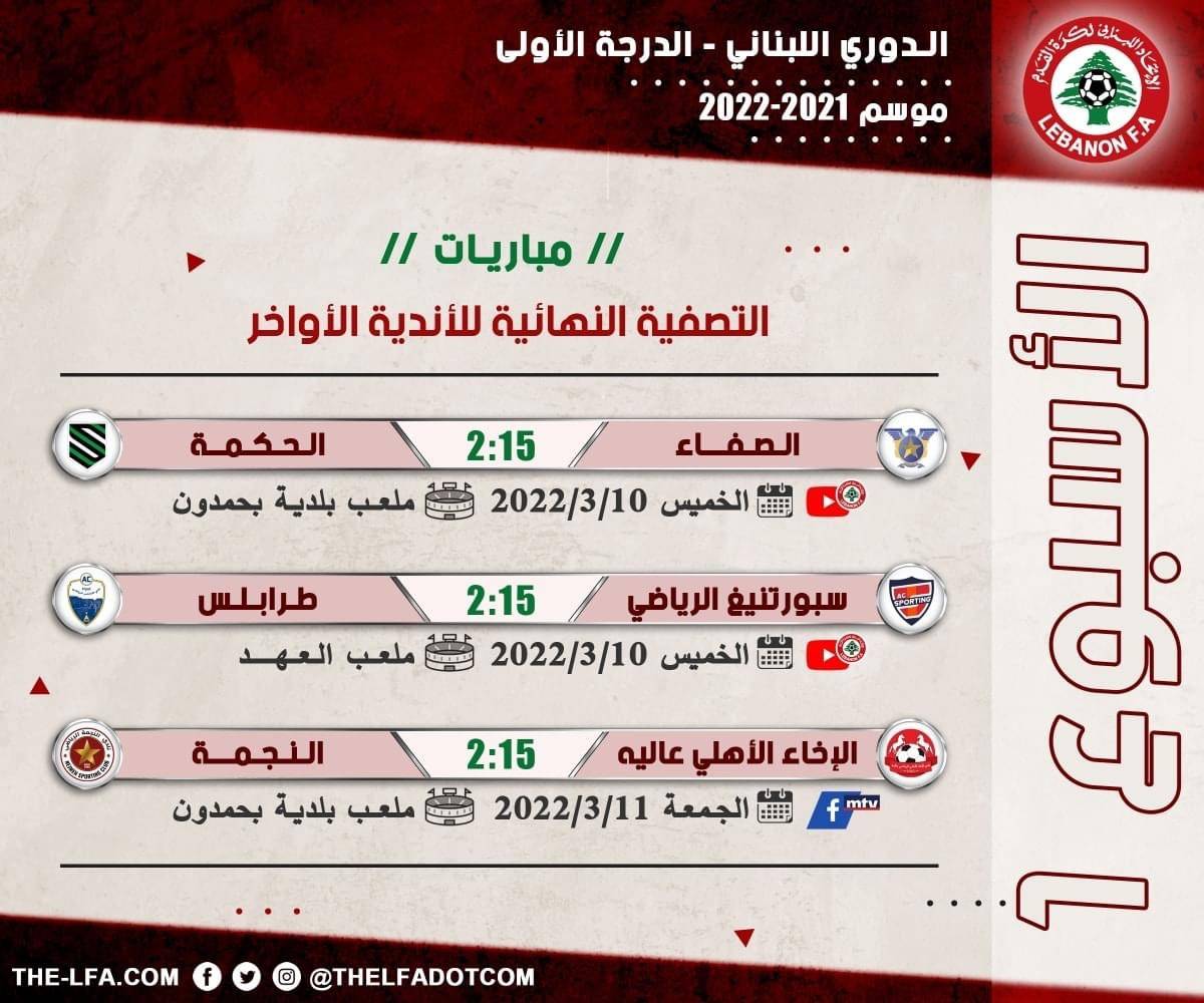 Football Lebanon - مباريات التصفية النهائية للأندية الأواخر