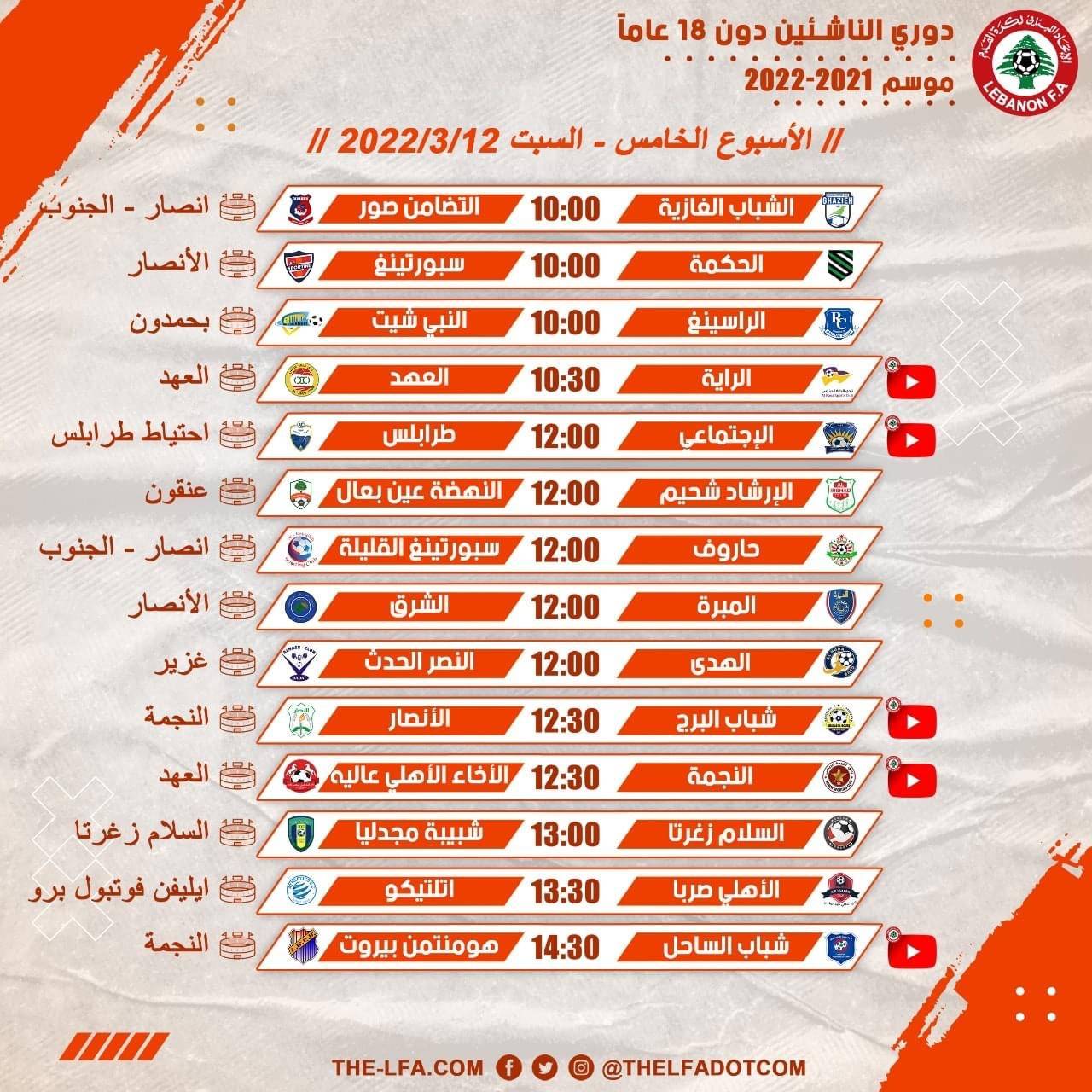 Football Lebanon - مباريات الأسبوع الخامس من دوري الناشئين