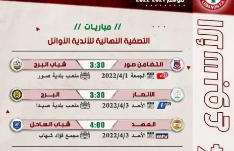 Football Lebanon - جدول مباريات الأسبوع الرابع من التصفية النهائية للأندية الأوائل