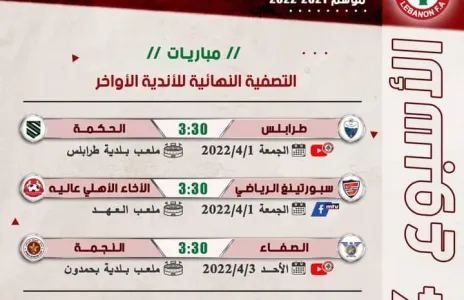 Football Lebanon - جدول مباريات الأسبوع الرابع من التصفية النهائية للأندية الأواخر