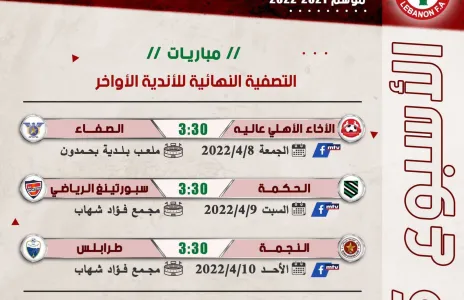 Football Lebanon - جدول مباريات الأسبوع الخامس من التصفية النهائية للأندية الأواخر