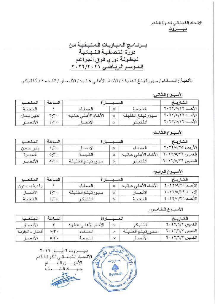 Football Lebanon - برنامج المباريات المتبقية من دورة التصفية النهائية