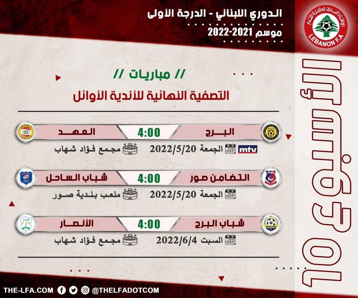 Football Lebanon - مباريات الأسبوع العاشر والأخير من التصفية النهائية للأندية الأوائل