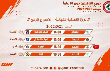 Football Lebanon - جدول مباريات الأسبوع الرابع لدوري الناشئين دون 18 عاما